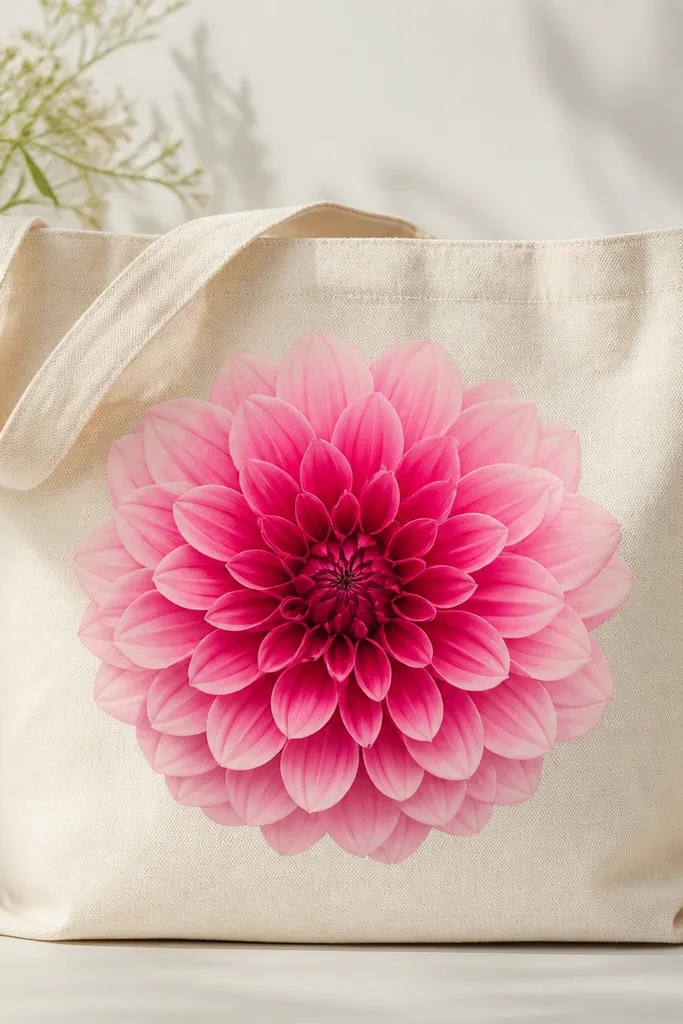 A large dahlia centered on the tote. Petals fan outward in rings with ombre color from deep magenta at the center to soft pink at the edge.