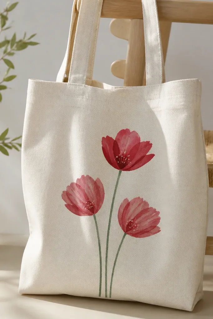 A tote with three tulips painted in crimson and rose. Stems are thin green lines, and there are tiny white dots near the blooms like pollen.