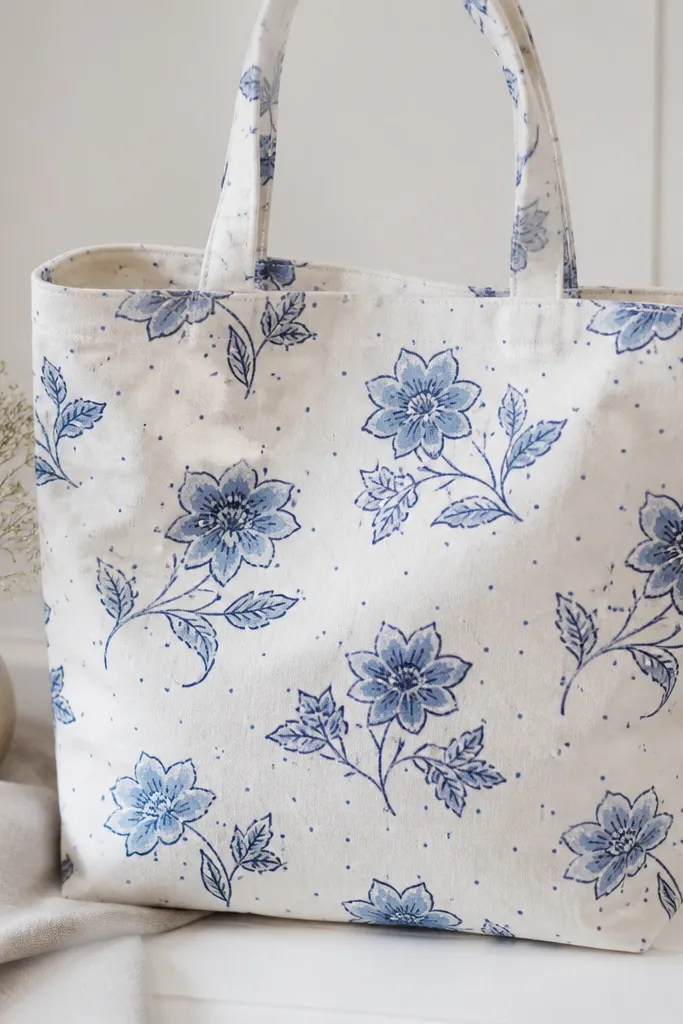A tote with blue flowers and leaves spaced like a porcelain pattern. The flowers are outlined in navy, filled in light blue, with small blue dots in the background.