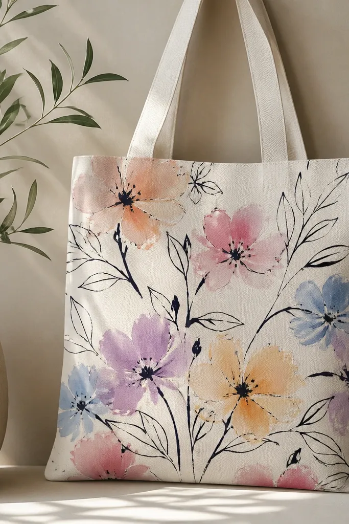 A tote with loose black ink stems and leaf outlines, plus watercolor-like pastel blooms in the gaps. Centers are small and dark.