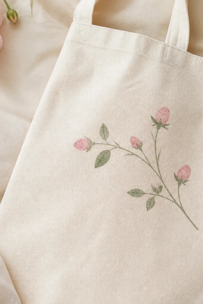 A small rosebud sprig across the tote. Buds are pale pink ovals, and there are tiny darker pink dots layered on top like texture.