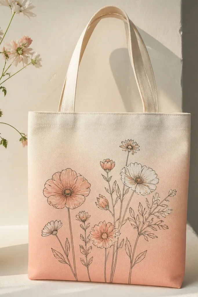 A tote with a vertical ombre wash from pale peach at the bottom to light cream at the top. Flowers are painted on top in crisp outlines and soft fills.