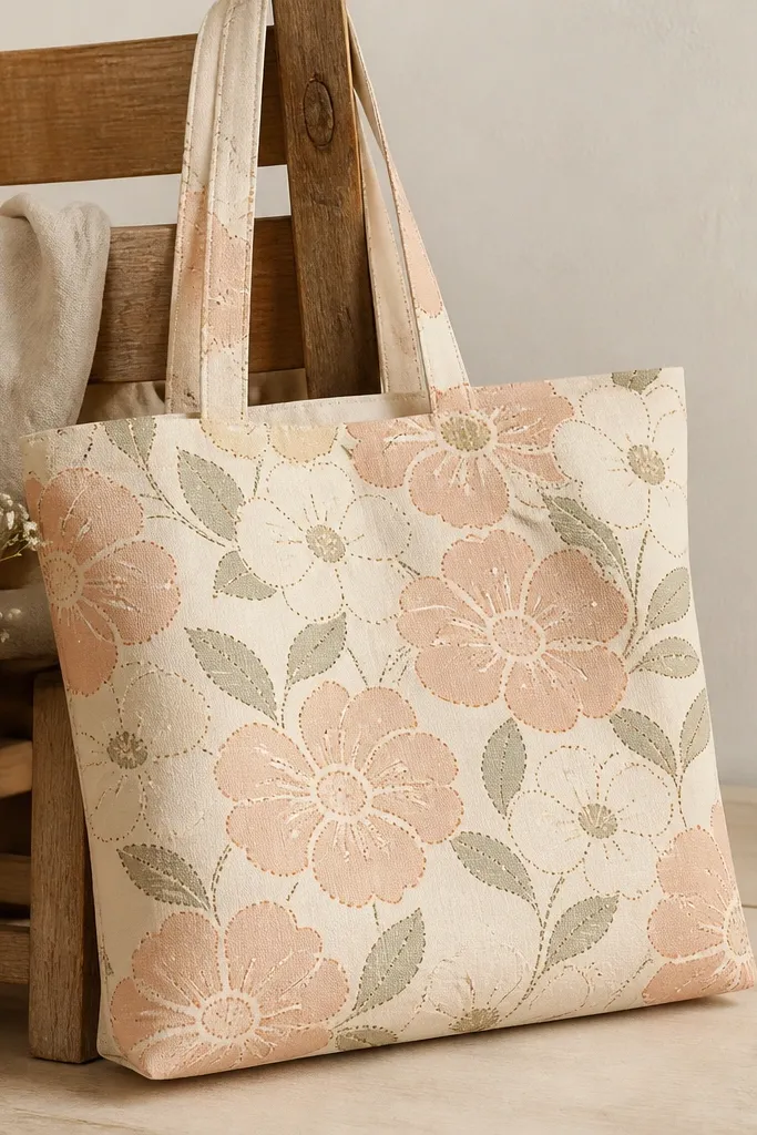 A tote with peach and cream flowers outlined in a stitched pattern. The stitched lines are small dashes, and leaves sit between flowers in muted green.