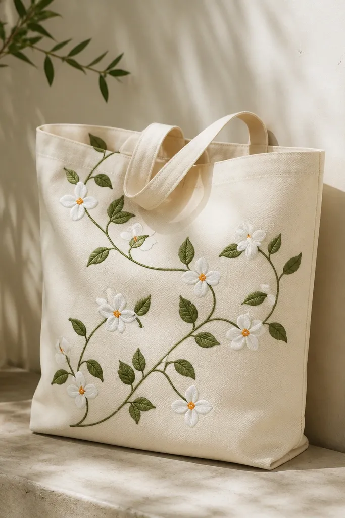 A tote with a winding green vine across the front. White five-petal blossoms sit along the vine, each with a small orange center dot.