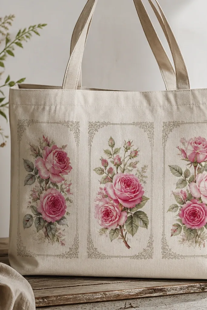 A tote with three rose clusters, each inside a faint frame-like stencil border. Roses are pink with darker folds, and small leaf sprigs fill gaps.