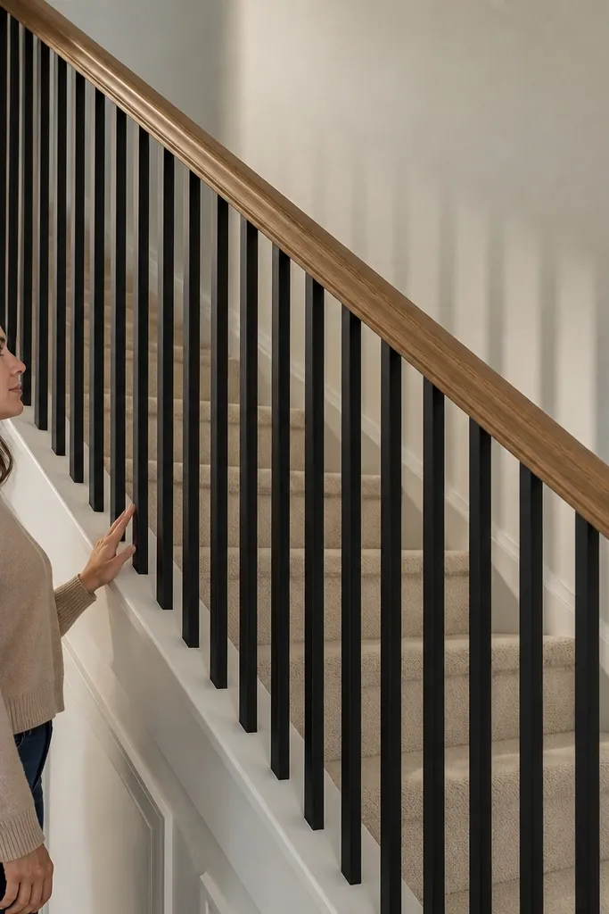Black metal pickets with a light wood handrail on a white staircase
