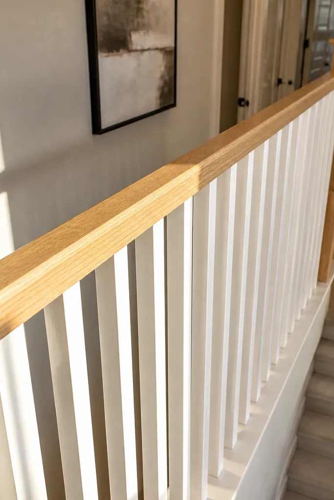 White square balusters with a natural oak handrail and matching banister posts
