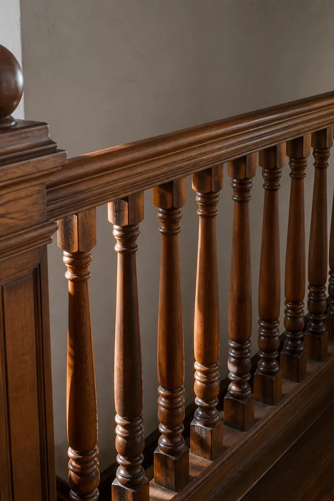 Stained turned wood balusters with decorative newel caps on a staircase