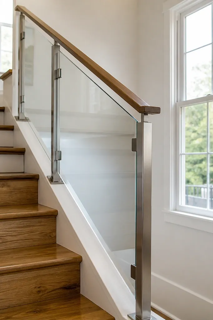 Clear panel railing with slim metal posts and a light handrail