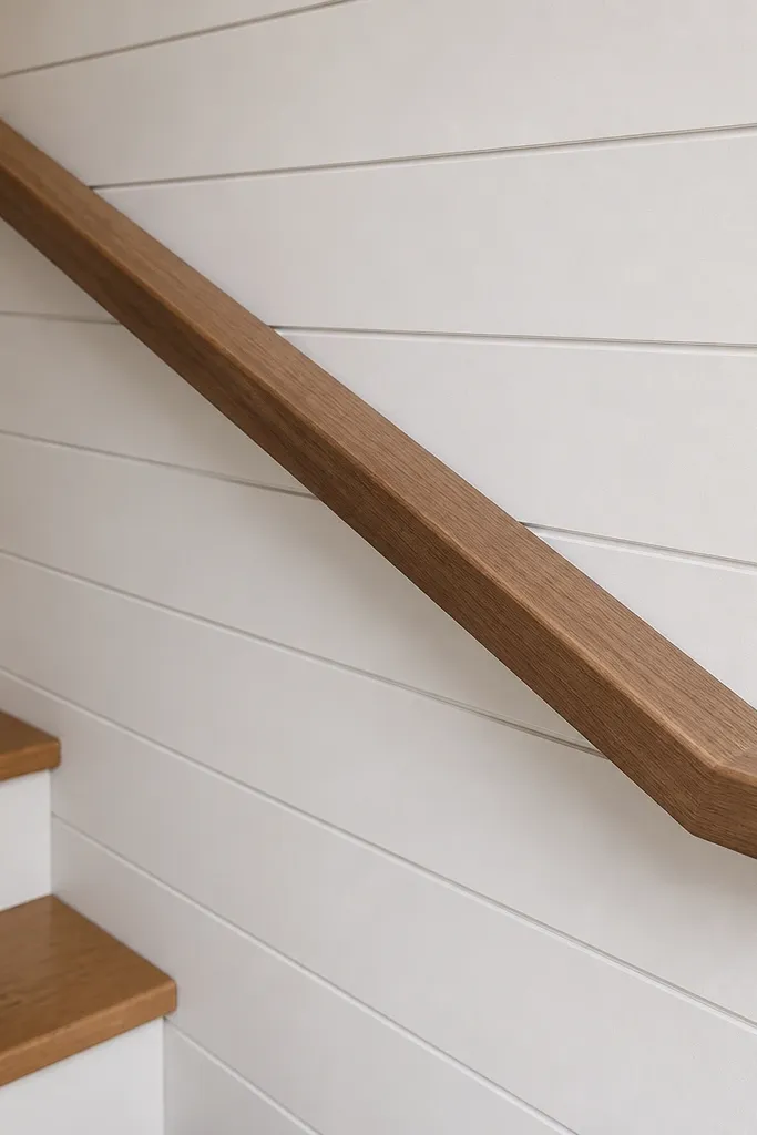 White shiplap wall with a floating handrail and simple wall brackets