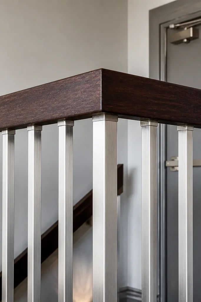Dark walnut handrail with brushed nickel vertical balusters