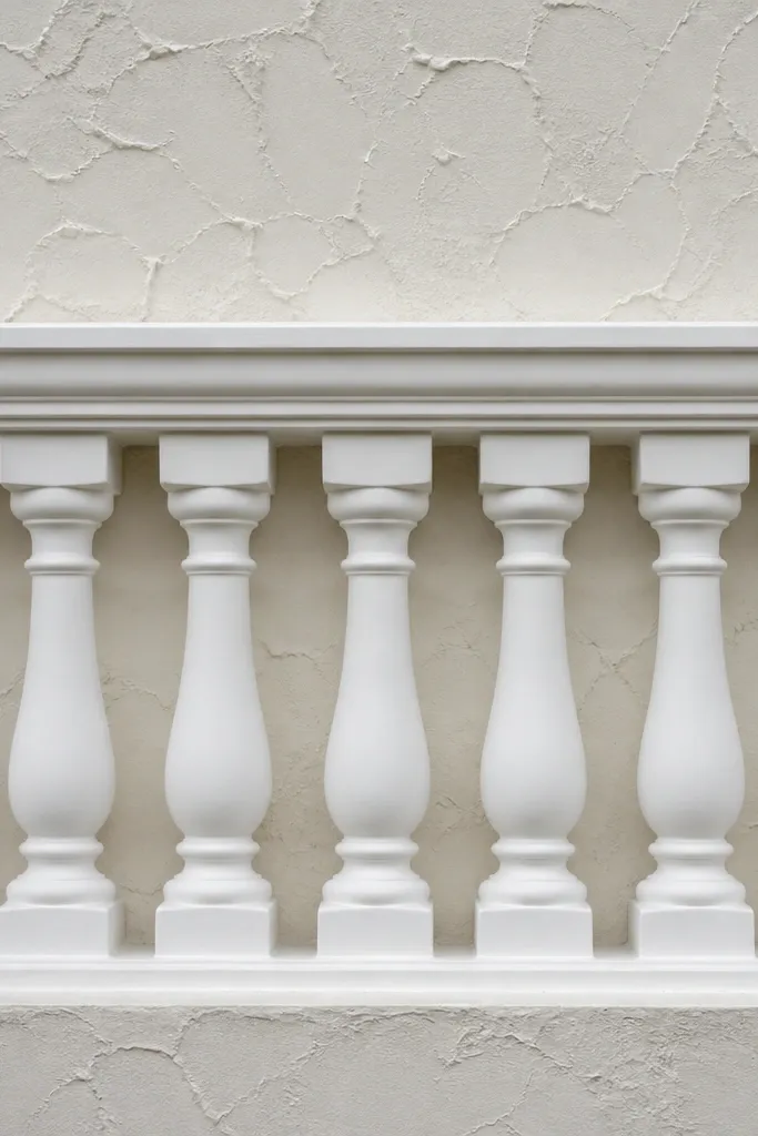 Matte white balusters against a textured plaster wall with a simple handrail