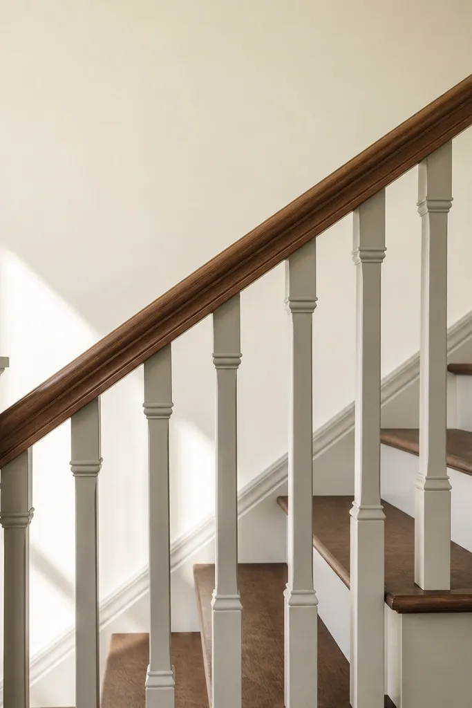 Painted balusters in a light color with a stained handrail on a stair