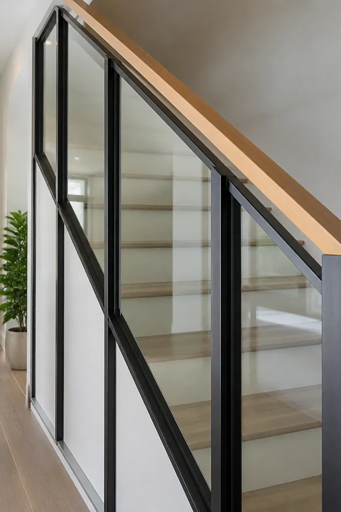 Clear glass inserts in black frames with a simple handrail