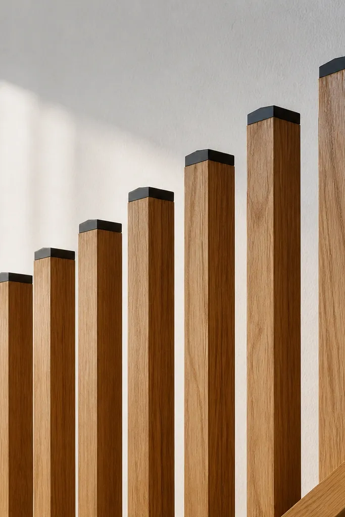 Clear-finished vertical wood slats with black end caps on stair railing