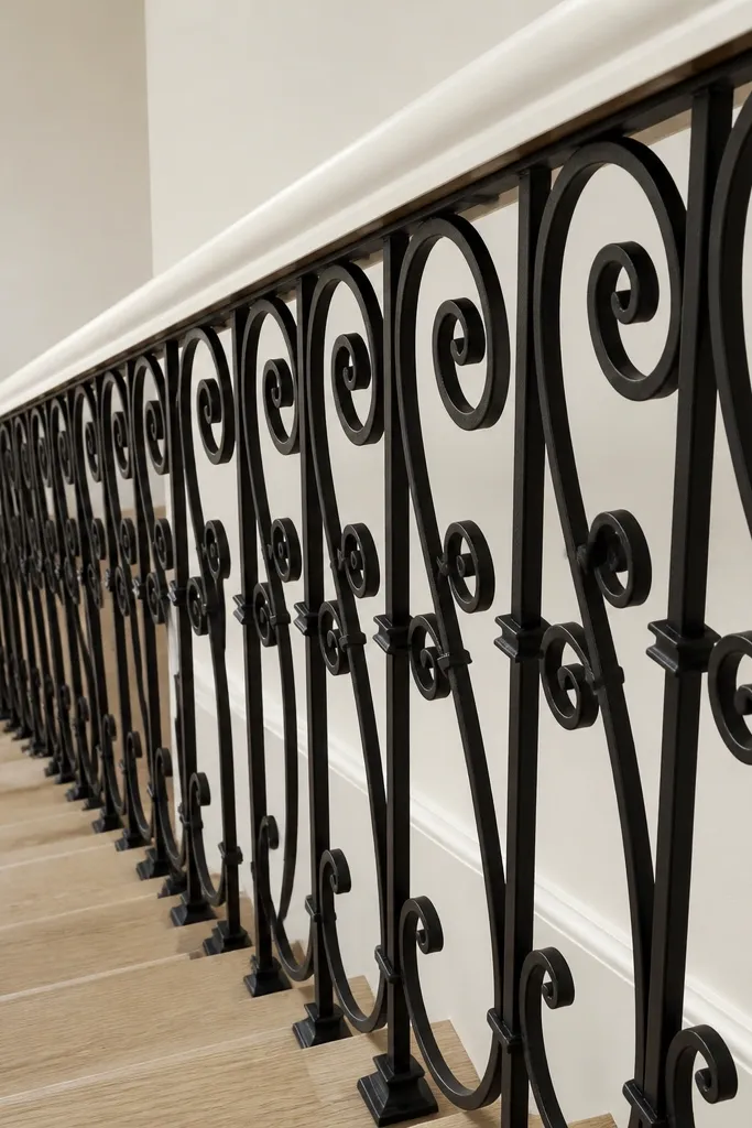 Matte black scroll balusters with a white handrail and posts
