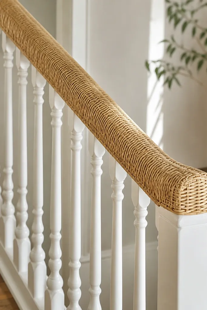 Rattan-wrapped handrail with white balusters on a bright staircase