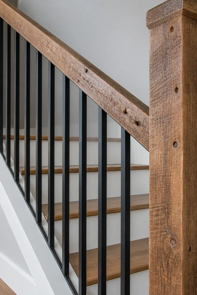 Reclaimed barnwood handrail with black steel pickets on a stair