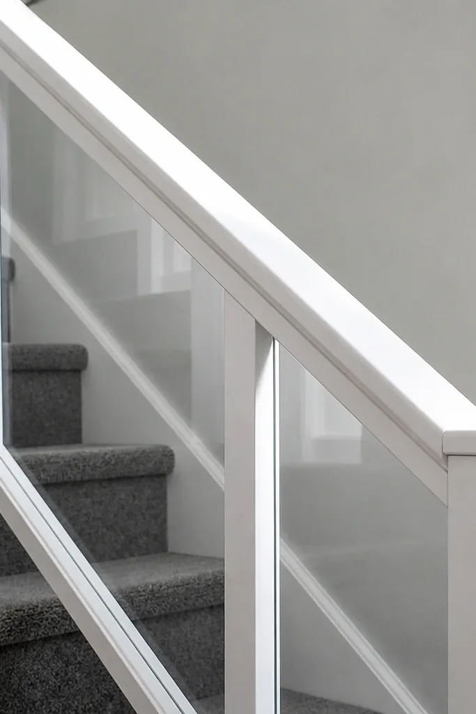 White handrail with clear acrylic guards along stair railing