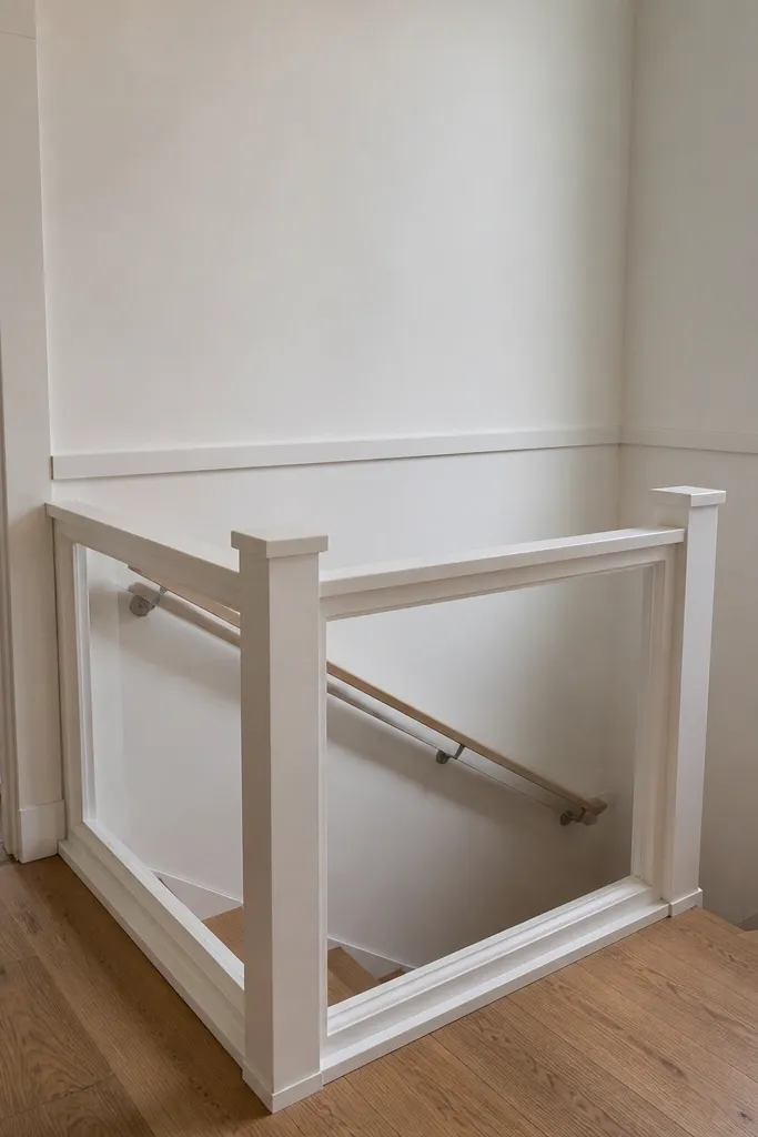 Corner stair railing with two posts and matching wall trim for a framed look