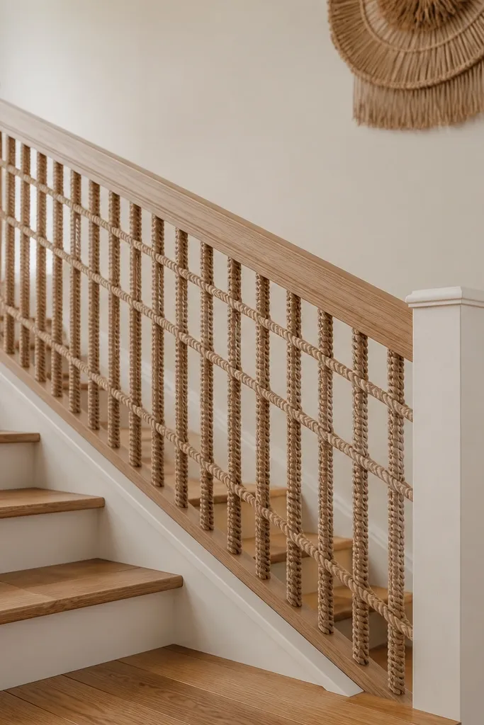 Painted posts with woven rope balusters along a stair