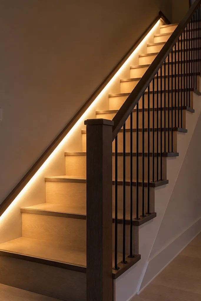 Handrail with a thin LED strip glowing under it and simple balusters