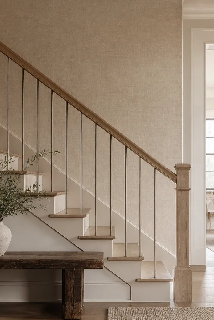 Natural linen-toned wall with a matching handrail and minimal balusters