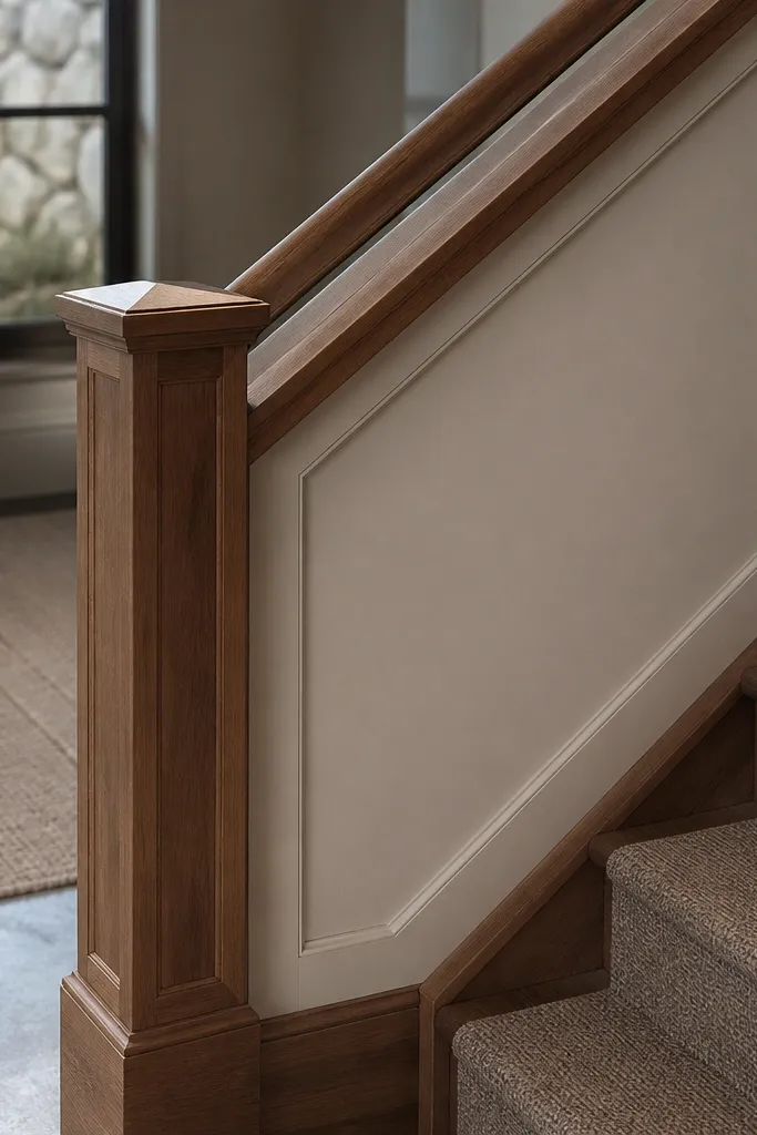 Wood panel insert railing with a chamfered handrail and simple posts