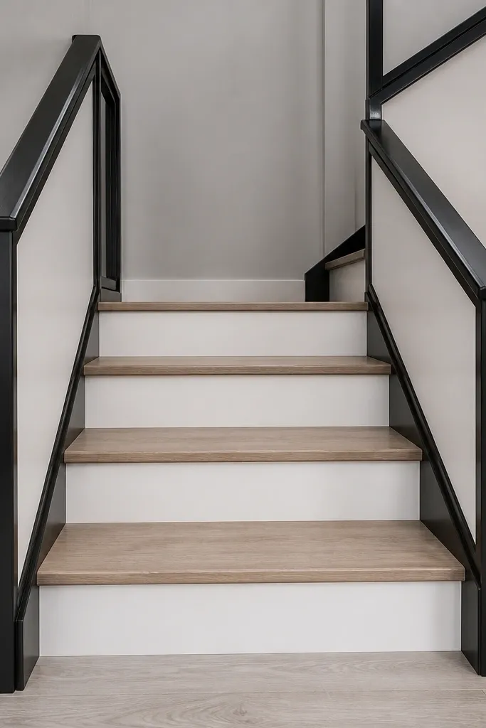 Slim black metal frame railing with white infill panels on a short stair run