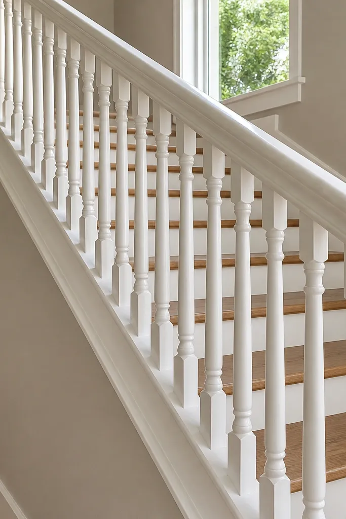 Warm white picket railing with a rounded handrail on a staircase
