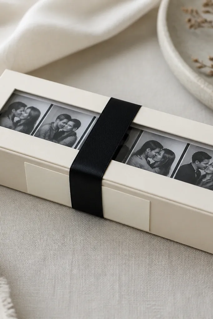A small rectangular gift box with a clear vinyl window on the lid showing a photo strip inside. The front has a cream cardstock label, and the box closes with two hidden magnets so the lid snaps shut. A black satin ribbon wraps around the box like a band.