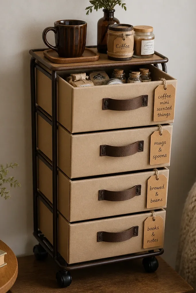 A vertical organizer made from stacked cardboard drawers, each drawer labeled with kraft paper tags. The top drawer holds mini coffee-scented items, and the outside has a dark brown ribbon handle on each drawer. The whole piece looks like a tiny bar cart unit.