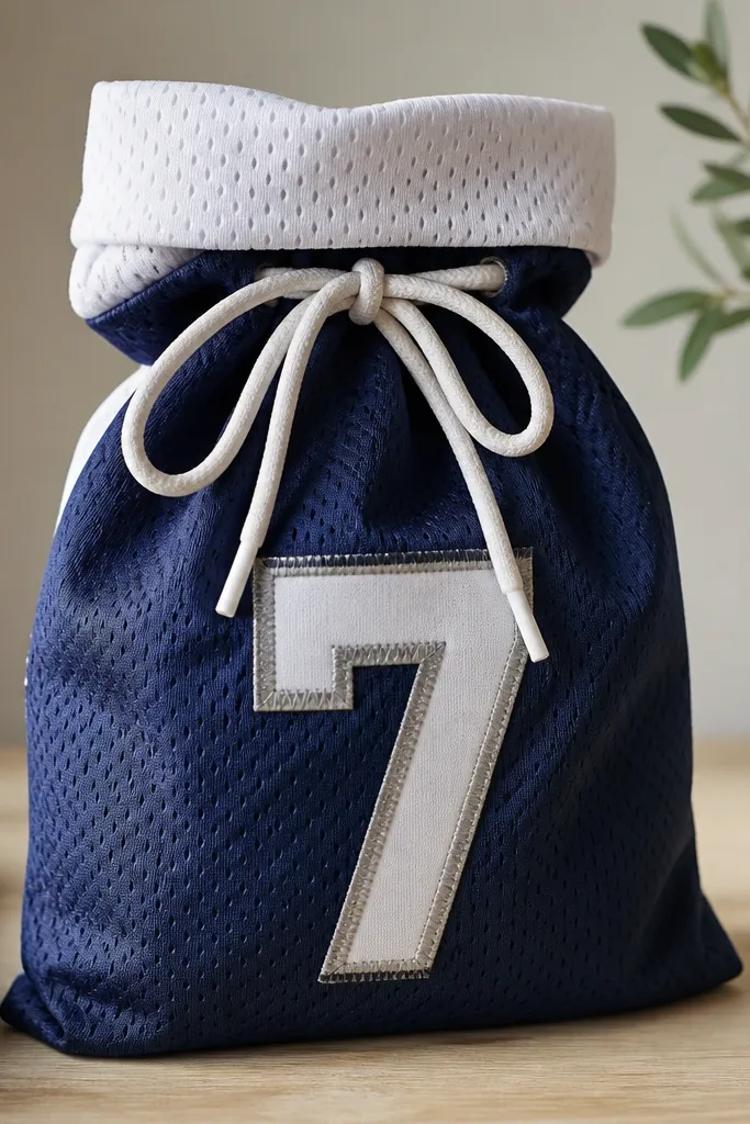 A gift bag wrapped in a sports jersey fabric panel, with a folded cuff at the top like a jersey sleeve. It has a stitched-looking iron-on patch number on the front and closes with a drawstring made from matching shoelace cord.
