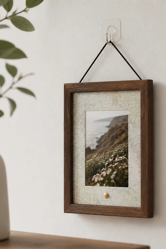 A small wooden frame with a map-coordinates print on the mat. It has a thin black cord on the back, and the frame hangs using a removable adhesive hook. The front shows a photo and a tiny brass pushpin icon.
