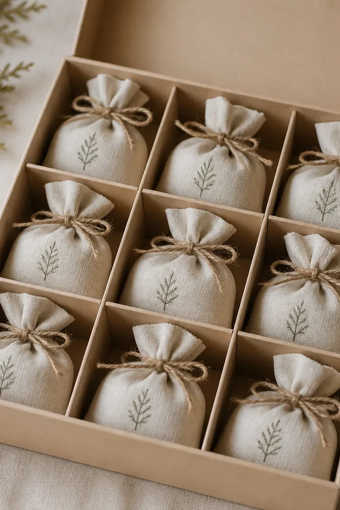 A box made of light wood-tone cardstock with compartments holding small fabric sachets. The sachets are made from cream linen, tied with thin twine, and stamped with a tiny cedar leaf icon.