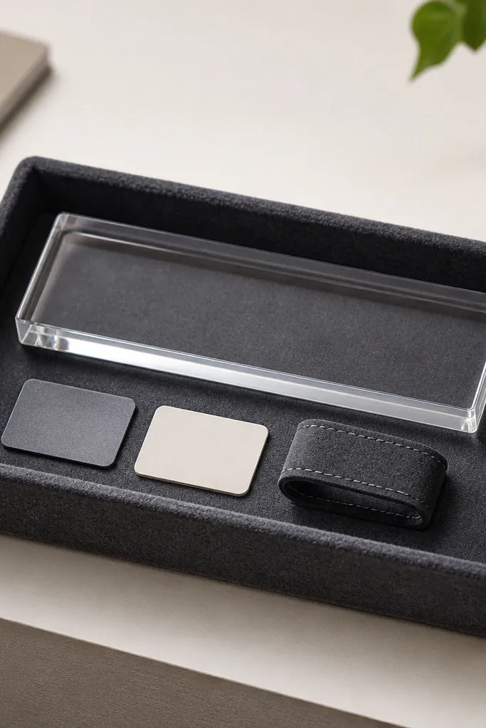 A desk accessory set with a clear acrylic nameplate reading his nickname, two small removable sticker labels, and a matching pen loop. Everything sits in a small tray box made from dark gray felt.