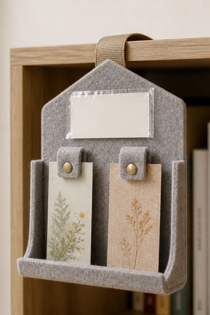 A felt holder shaped like a small wall shelf but without mounting, with two felt clips holding bookmarks. It has a ribbon loop for hanging on a bookshelf edge and a label card behind glassy clear tape.