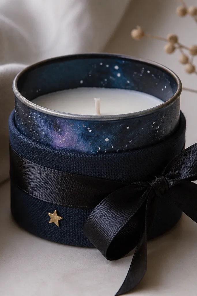A small candle inside a reused metal tin with a galaxy pattern painted on the outside. It's wrapped with a dark navy fabric sleeve and tied with a wide black ribbon. A tiny star sticker sits near the label.