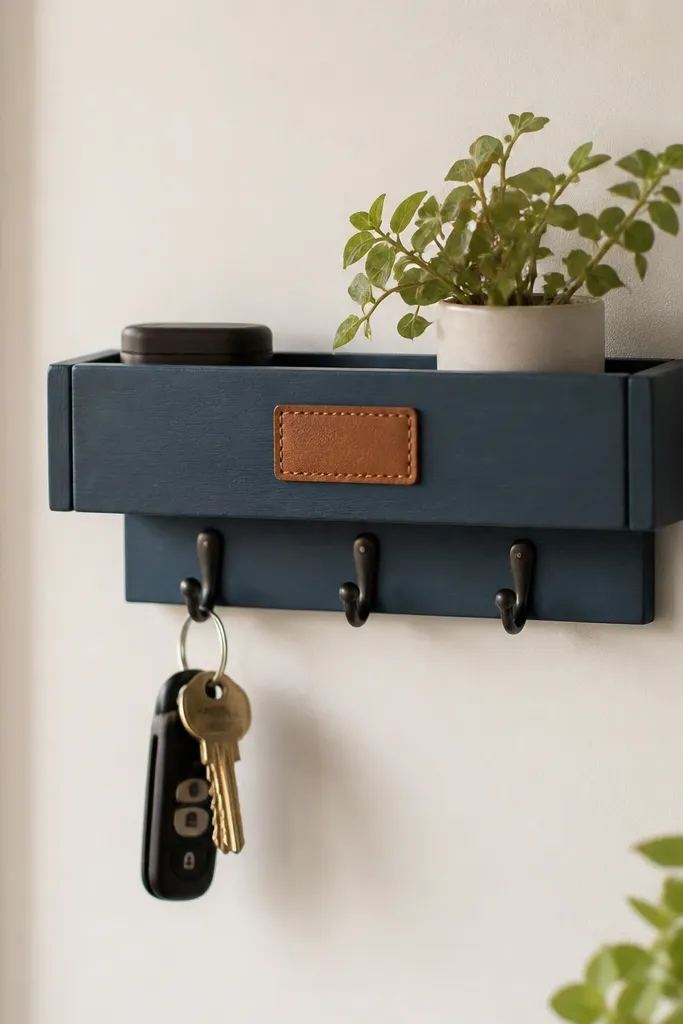 A small rectangular key tray made from painted wood with three hooks. It's mounted with removable adhesive strips on the back, and the front has a stamped leather-looking label. The tray is shown on a wall but with no visible screw holes.