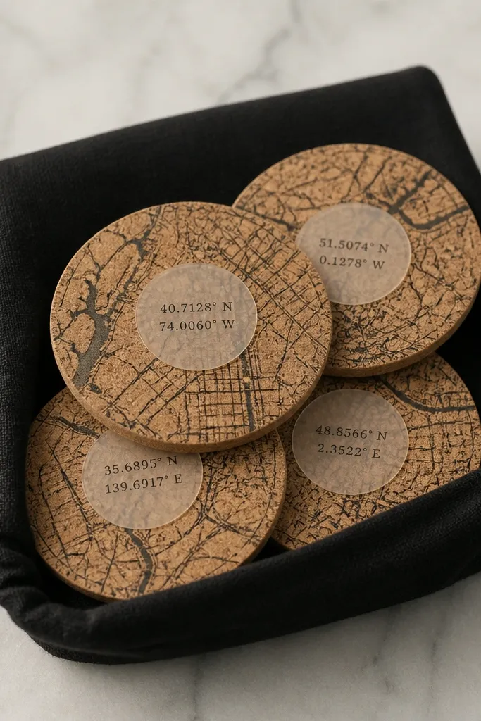 Four round coasters made from cork, each with a different tiny map section. A clear vinyl label sits on top with neat printed coordinates. The coasters sit in a small black fabric pouch.