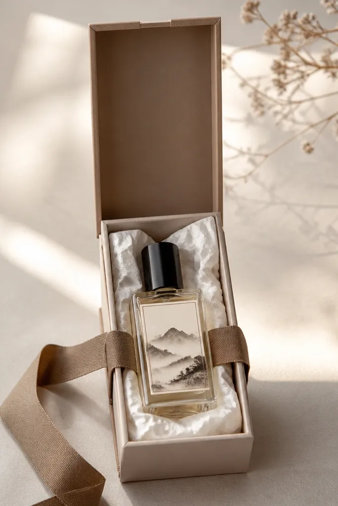 A tall narrow box holding a mini cologne bottle with a custom label. The box has a ribbon wrap around the middle and a soft white tissue paper lining. The top opens like a clamshell.