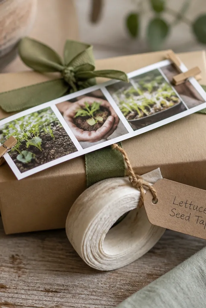 A small box with a roll of seed tape labeled with a handwritten tag. On top is a photo strip clipped with mini clothespins. The box is wrapped in kraft paper with a green ribbon.