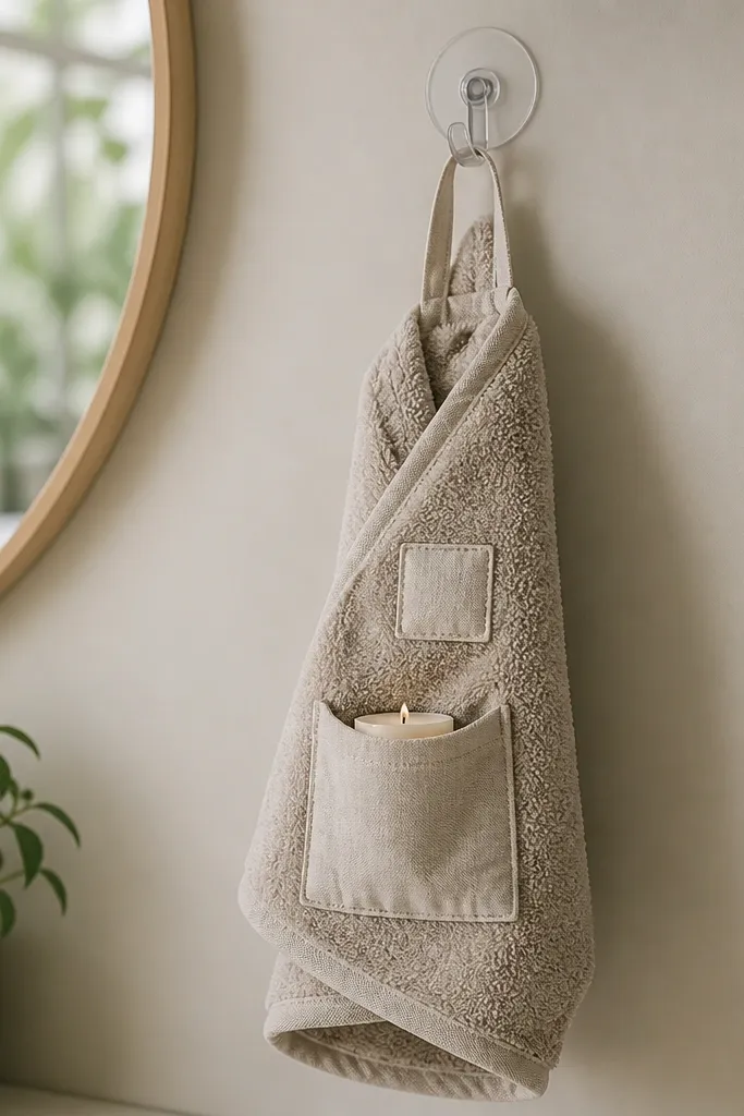 A folded towel wrapped around a loop band that hangs from a removable suction hook. The front has a stitched fabric tag and a small pocket holding a mini candle. The photo shows it mounted without screws.