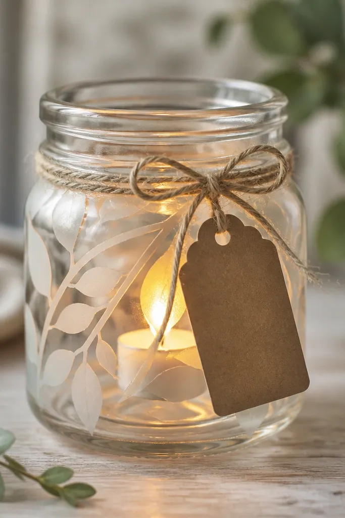 A clear glass jar with a warm LED tea light inside. The jar has frosted-looking patterns made from vinyl stickers removed after painting. The outside has a kraft label tied with twine.