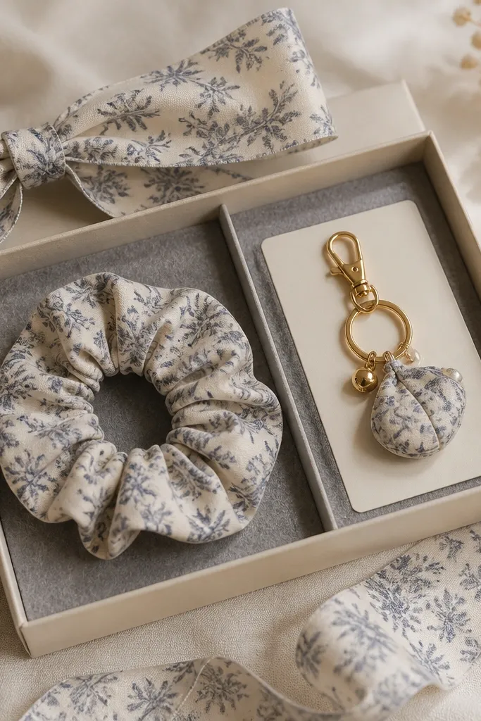 A gift tray box with two compartments: one holds a fabric scrunchie made from the same fabric as the ribbon, and the other holds a small keychain charm attached to a card. The tray is lined with soft gray felt.
