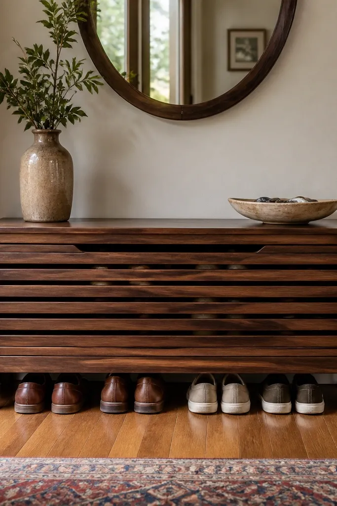 Walnut bench with slatted front and pull-out shoe drawers underneath