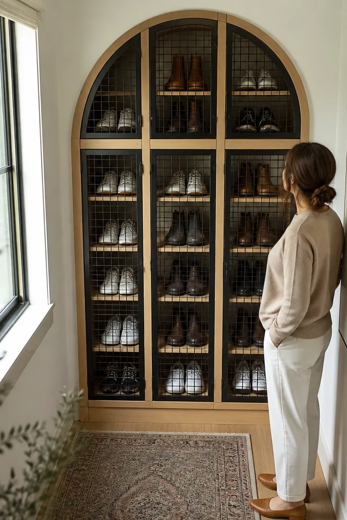White oak tall shoe rack with arched sides and black grid doors
