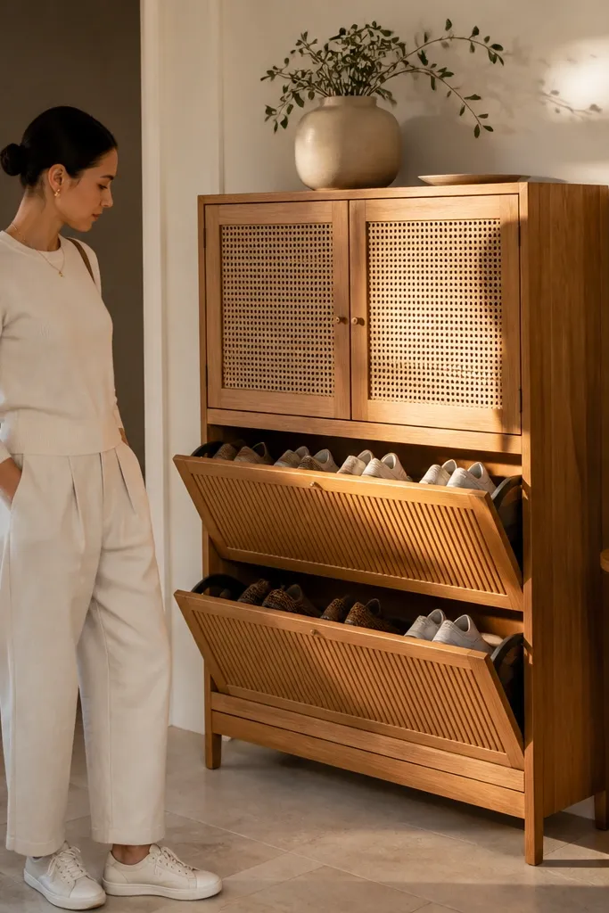 Cabinet with ribbed cane panels and flip-down shoe compartments