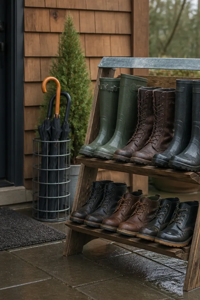Slanted boot rack with a galvanized steel top rail and wood shelves