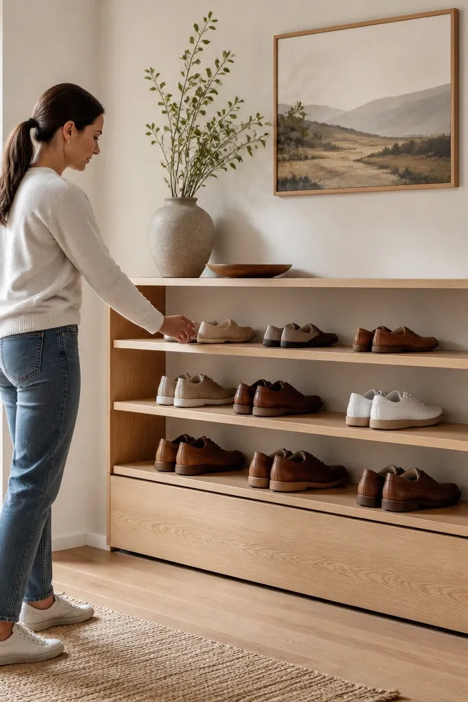 Floating shoe shelves with hidden baskets behind a toe-kick panel